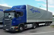 SCANIA G 420 Europe Trans Pritschen Planensattelzug in Herten bei einer Pause am 15.05.2012