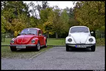Ein roter VW-K�fer 1303 und mein wei�er VW-K�fer 1300 bei der  Karpfenausfahrt  des K�ferteam N�rnberg e.V. am 21. Oktober 2012.