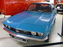 Opel Manta A, Autosammlung Steim in Schramberg, 6.3.11 
Baujahr 1972 
4 Zylinder, 90 PS aus 1900 ccm. 
160 km/h schnell und 900 kg schwer. 