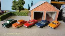 Ford (von Links): Taunus 12M (Wiking),  Taunus 17M (Brekina),  Sierra (Wiking), Granada Ghia 2,8i ( Herpa), Capri (Wiking) 1:87 (Foto vom 27.2.2013)