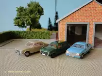 Opel (von links): Ascona (Wiking),  Ascona Voyage (Herpa) + Monza (Wiking) 1:87 (Foto vom 27.2.2013)
