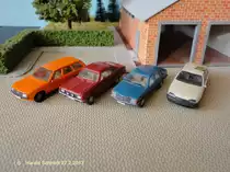 Opel (von links): Ascona (Wiking),  Ascona Voyage (Herpa) + Monza (Wiking) 1:87 (Foto vom 27.2.2013)