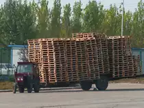 Kleiner Taishan-Traktor mit großer Ladung, hat etwa 300 Paletten am Haken. 
Shouguang, 14.11.10