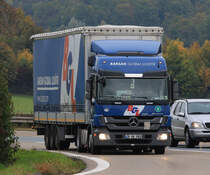 MB Actros MP3  BGL Barsan Global Lojistik  aus der Türkei verlässt die BAB 6 für eine Pause auf einem Parlplatz, 16.10.2013