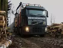 VOLVO FH12 460 samt Hänger, beim Beladen mit Fichtenrundstämmen; 140130