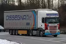 Scania R440 von Dissegna aus der Slowakei unterwegs auf der BAB 6 bei Neuendettelsau, 13.03.2013