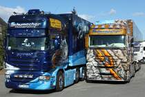 Scania R TL  Die Raumfahrt  und Actros 1844  Der Goldrausch  der Spedition Schumacher in Würselen bei Aachen am 02.03.2014