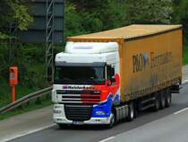 Daf XF mit P&O Ferrymasters Planenauflieger am 03.04.2014 auf der A4 bei Aachen.