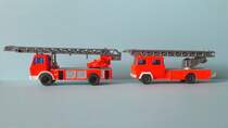 Feuerwehrdrehleitern, die Fahrzeuge wurden nachgearbeitet /
MB 1619 DLK 23-12, Hersteller: Wiking 618
Magirus 170 D12 DL 30, Hersteller: Wiking 620, 1973-1982, Foto vom 8.4.2014
