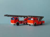 Feuerwehrdrehleitern, die Fahrzeuge wurden nachgearbeitet /
MB 1619 DLK 23-12, Hersteller: Wiking 618
Magirus 170 D12 DL 30, Hersteller: Wiking 620, 1973-1982, Foto vom 8.4.2014

