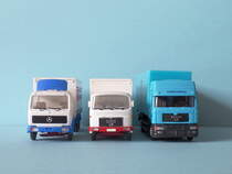 MB 2232, 1:87, Werbung: Stulz, Hersteller: Wiking 451,
MAN 22 320, 1:87, Werbung: Weiss Lebkuchen Hersteller: Wiking 471-1, 
MAN F 2000, 1:87, Werbung: Löwenbräu, Hersteller: Wörlein,
Fotos am 8.3.2014
