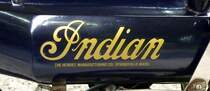 Indian, Tankaufschrift an einem Oldtimer-Motorrad von 1912 der US-amerikanischen Firma, Mai 2014