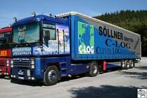 Renault Magnum mit Gardinenplanen Auflieger der Spedition Sllner. Die Zugmaschine ist mit Airbrush Motiven verfeinert.