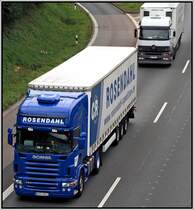 SCANIA TOPLINE R500 \8/ der Spedition ROSENDAHL ist bei Ldenscheid Richtung Sden unterwegs. (05.09.2008)
